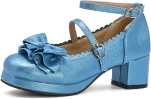 VOKLIN Women's Girls Lolita Mary Janes Pumps Princess Sweet Bow Ankle Strap Block Mid Heel Oxford Dress Shoes