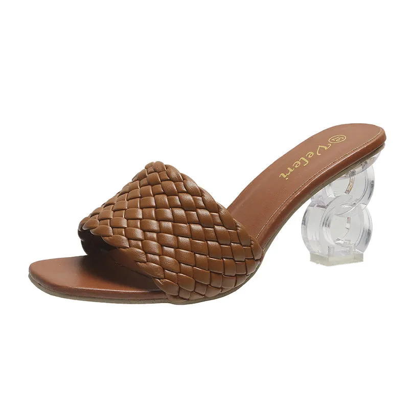 Women Low Block Crystal Heel Mules Cross Strap Slide On Sandals
