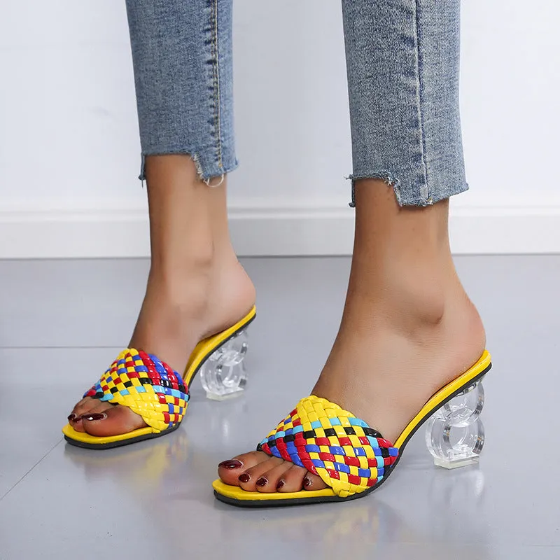 Women Low Block Crystal Heel Mules Cross Strap Slide On Sandals