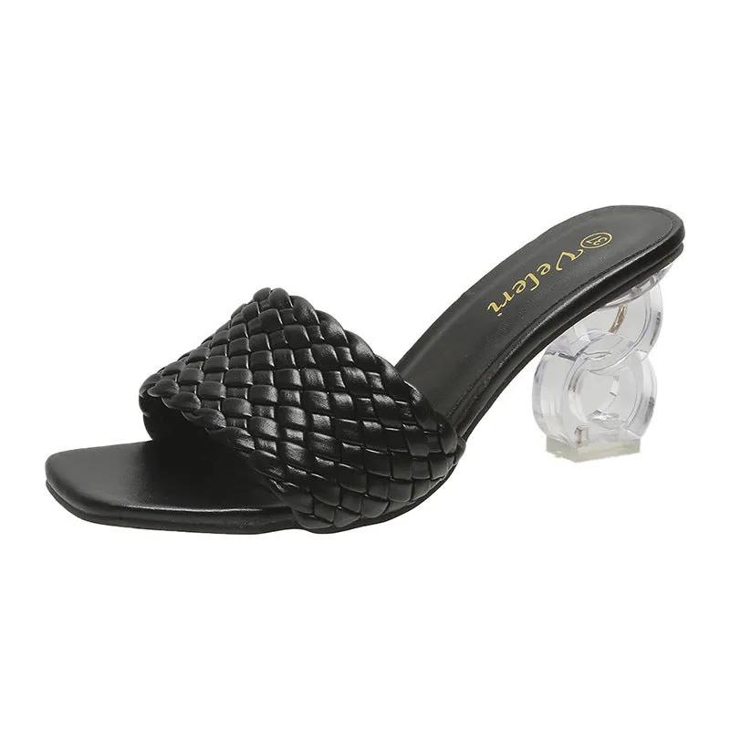Women Low Block Crystal Heel Mules Cross Strap Slide On Sandals