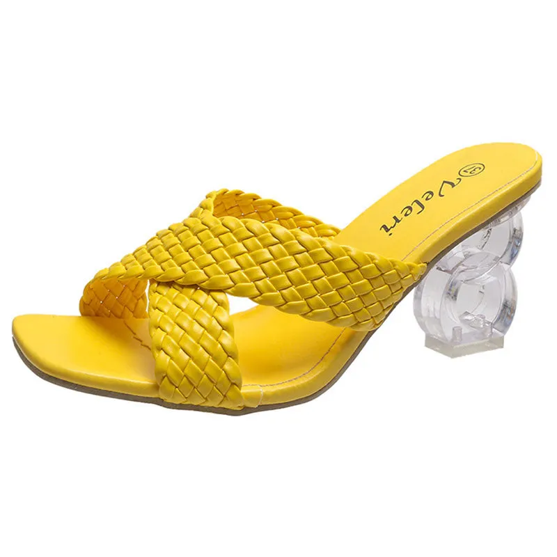 Women Low Block Crystal Heel Mules Cross Strap Slide On Sandals