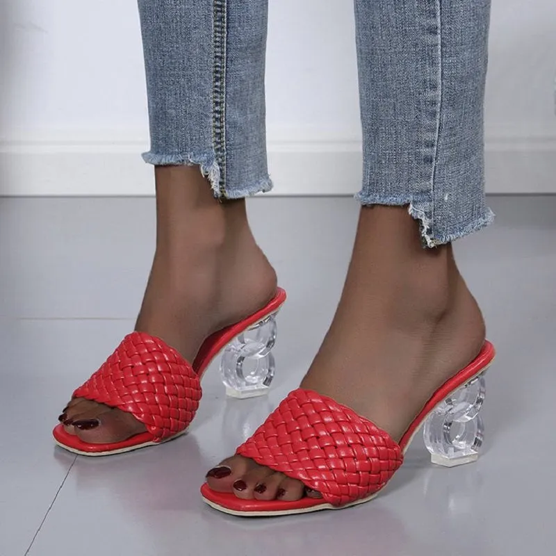 Women Low Block Crystal Heel Mules Cross Strap Slide On Sandals