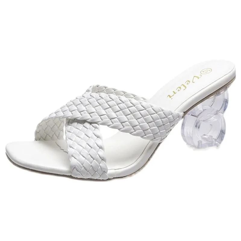 Women Low Block Crystal Heel Mules Cross Strap Slide On Sandals