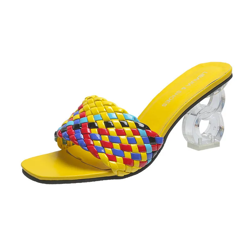 Women Low Block Crystal Heel Mules Cross Strap Slide On Sandals