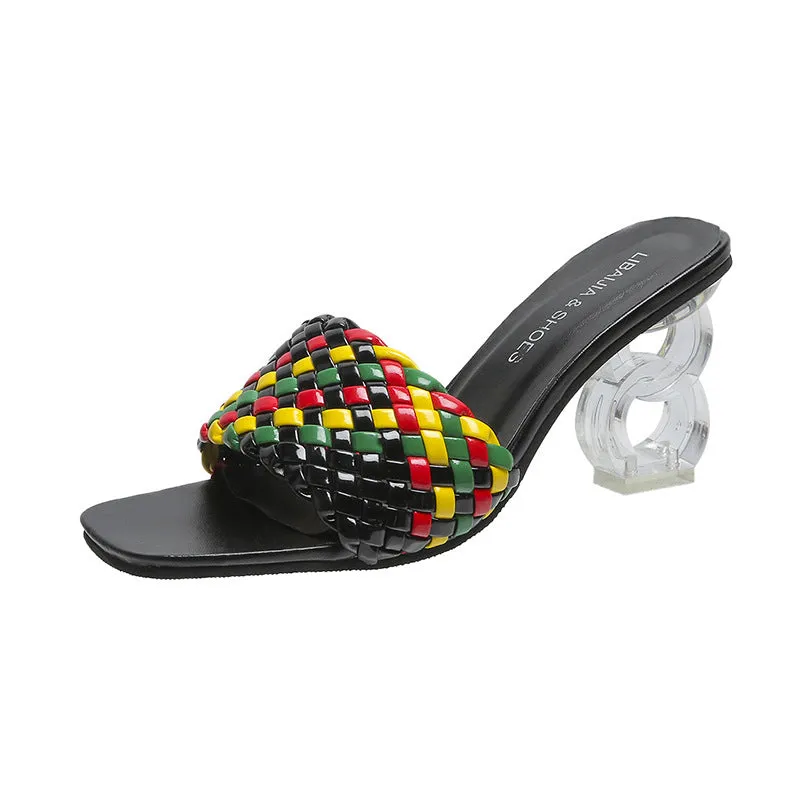 Women Low Block Crystal Heel Mules Cross Strap Slide On Sandals