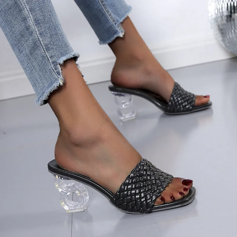 Women Low Block Crystal Heel Mules Cross Strap Slide On Sandals