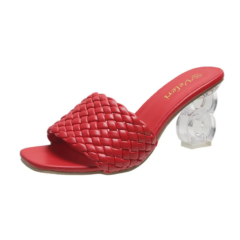 Women Low Block Crystal Heel Mules Cross Strap Slide On Sandals
