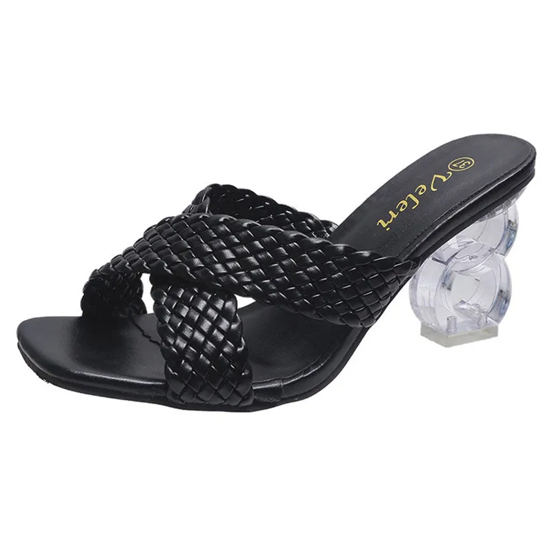 Women Low Block Crystal Heel Mules Cross Strap Slide On Sandals
