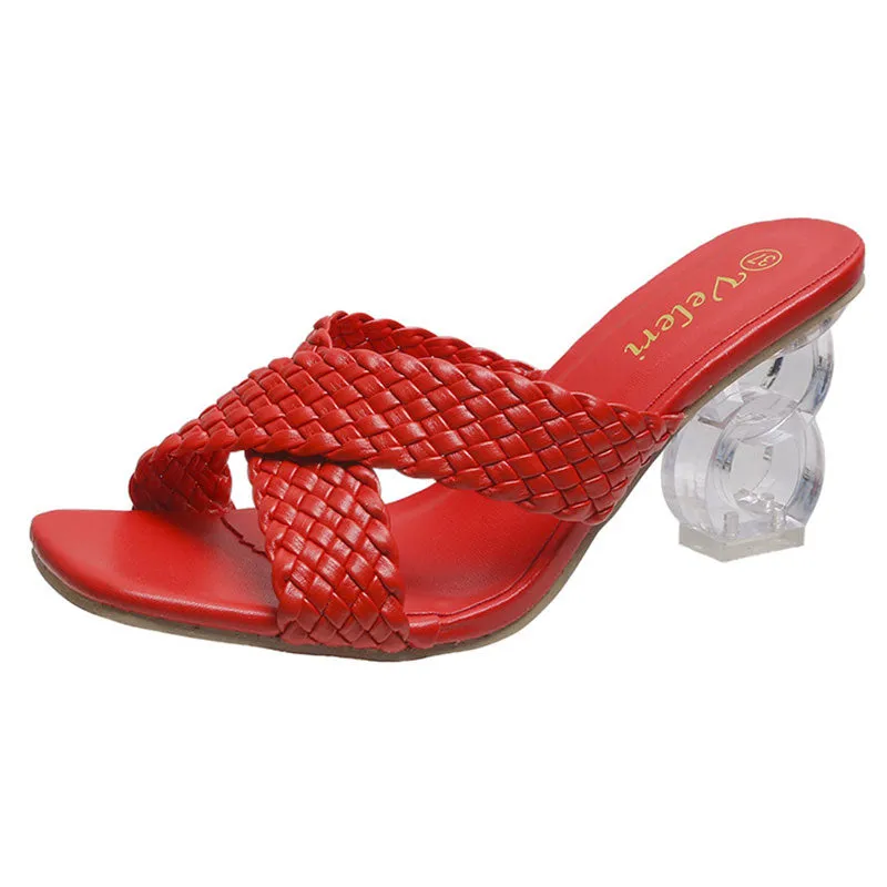 Women Low Block Crystal Heel Mules Cross Strap Slide On Sandals