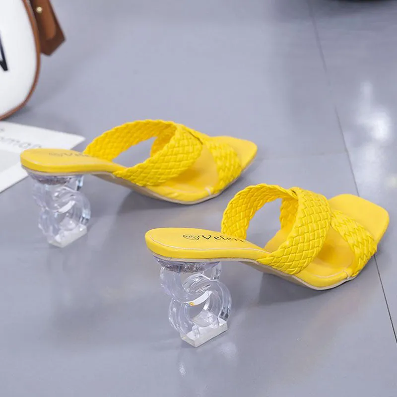 Women Low Block Crystal Heel Mules Cross Strap Slide On Sandals