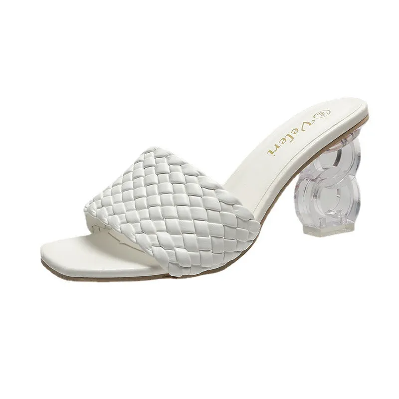 Women Low Block Crystal Heel Mules Cross Strap Slide On Sandals