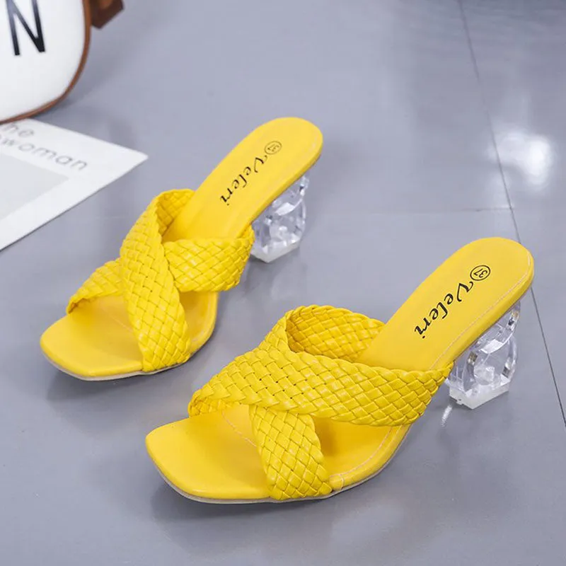 Women Low Block Crystal Heel Mules Cross Strap Slide On Sandals