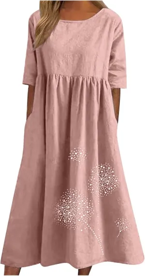 Women's Plus Size Spring Summer Casual Dress Cotton Linen Round Neck Printing Short Sleeve Dress with Pockets