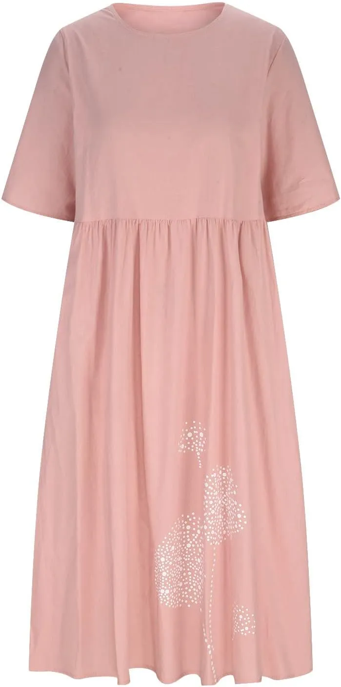 Women's Plus Size Spring Summer Casual Dress Cotton Linen Round Neck Printing Short Sleeve Dress with Pockets