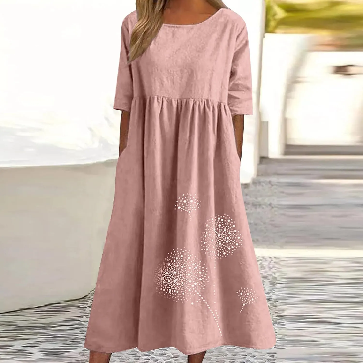 Women's Plus Size Spring Summer Casual Dress Cotton Linen Round Neck Printing Short Sleeve Dress with Pockets